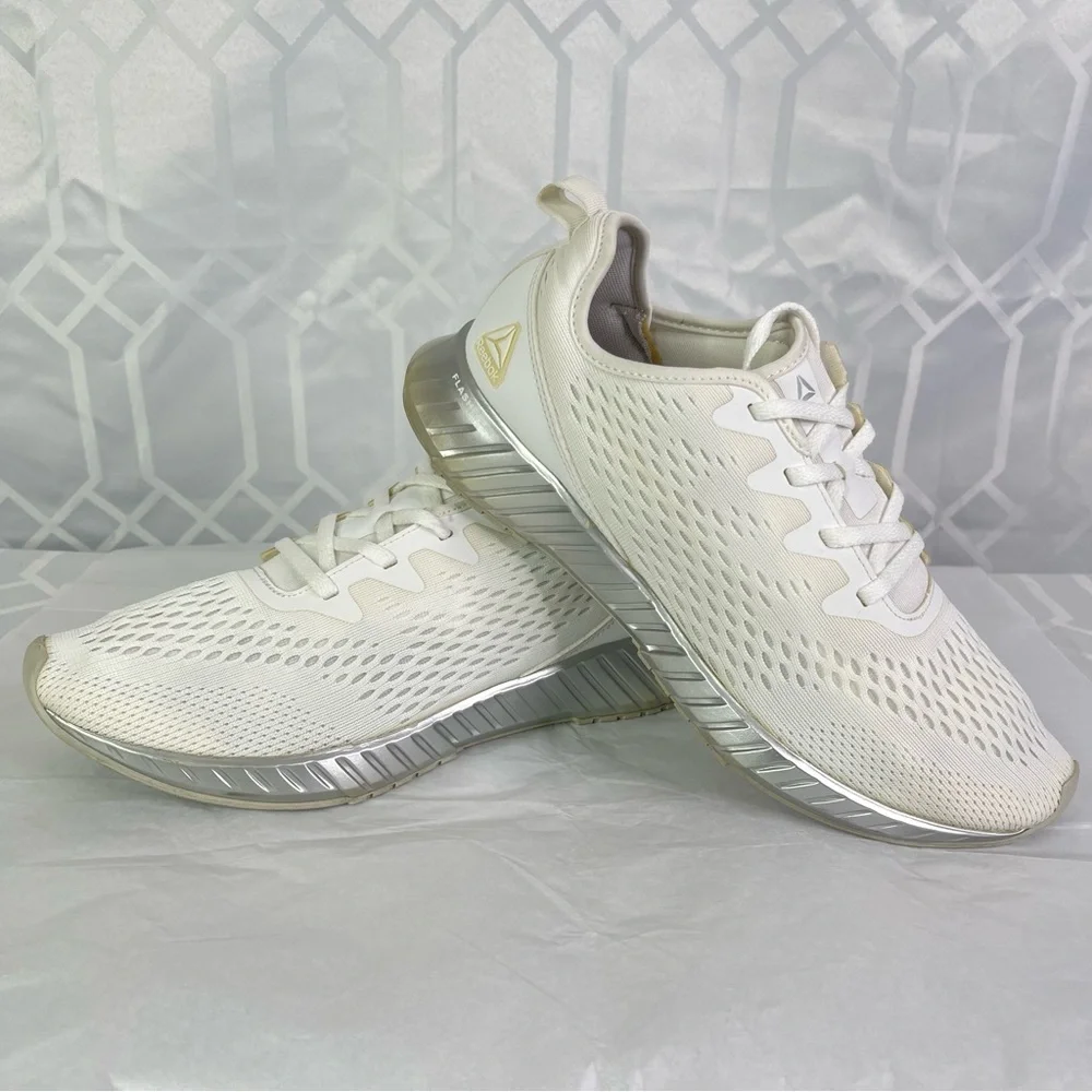 Reebok Flashfilm White & Silver Metallic Running Training Shoes Size 10